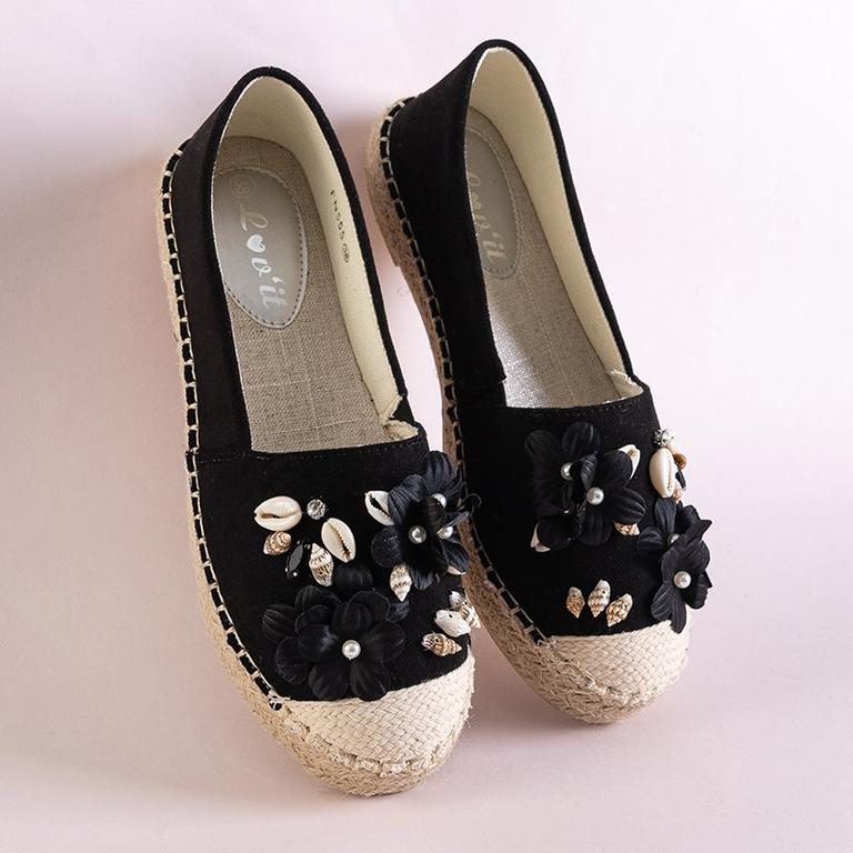 Női fekete espadrillák a peronon Mesar dísztárgyakkal - Lábbeli