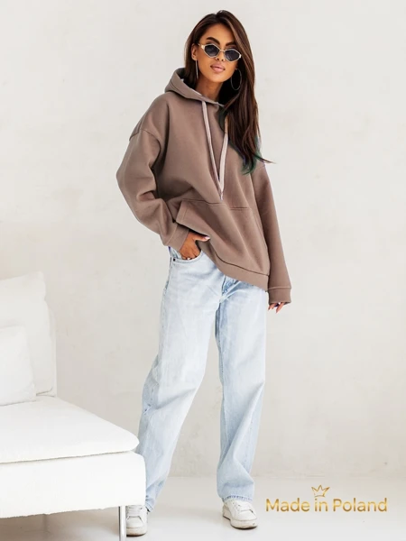 Leonida barna, hosszú ujjú női kapucnis pulóver