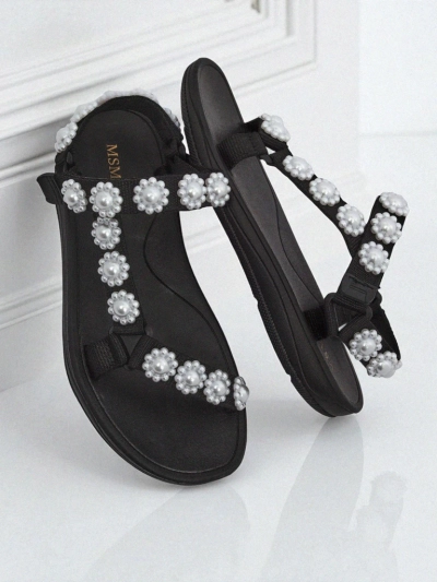 Royalfashion Perseida fekete női platform szandál gyöngyökkel