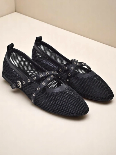 Royalfashion Arethusa Nero hálós balerinák lapos sarokkal
