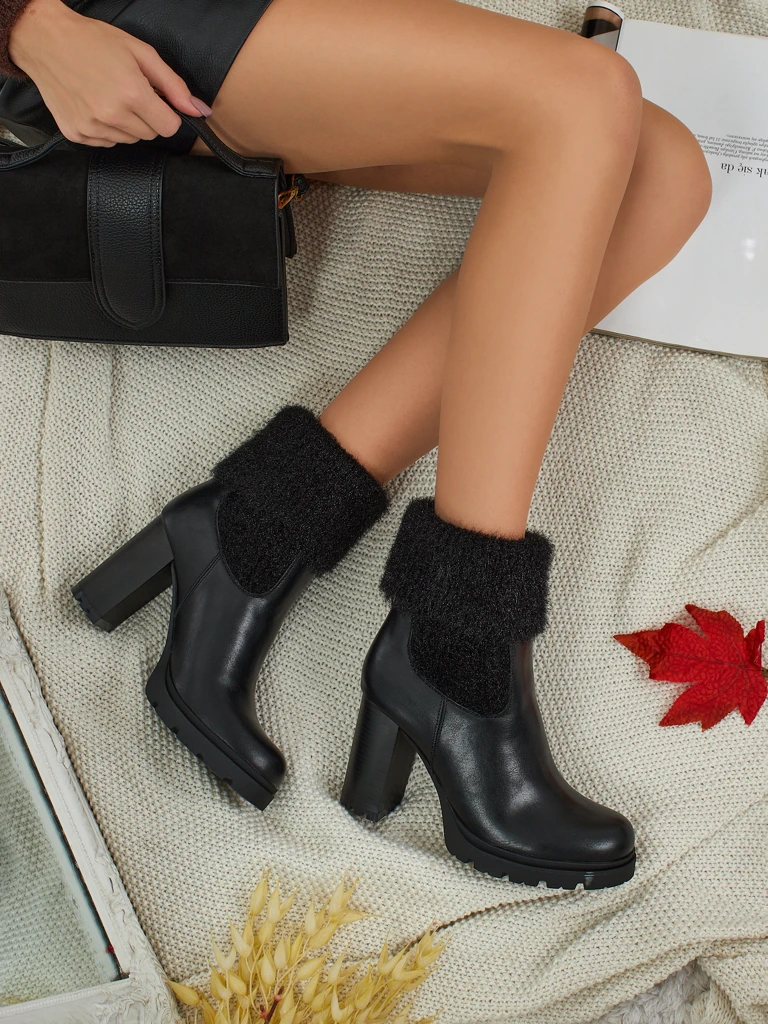 Tirave női öko bőr bokacsizma vastag sarokkal és kötött anyaggal