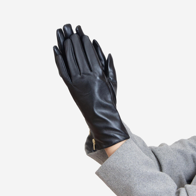 Fekete női öko-bőr kesztyű dekoratív cipzárral - kiegészítők