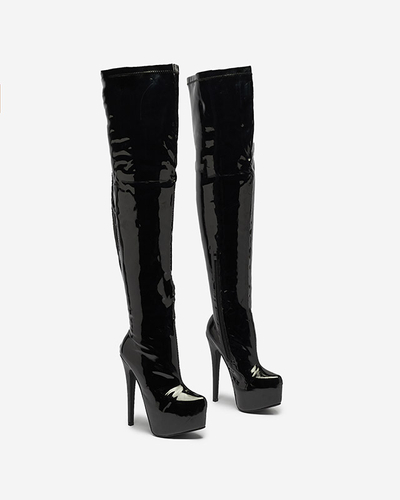 Női lakkozott térd fölé érő csizma fekete színben Leccie- Footwear