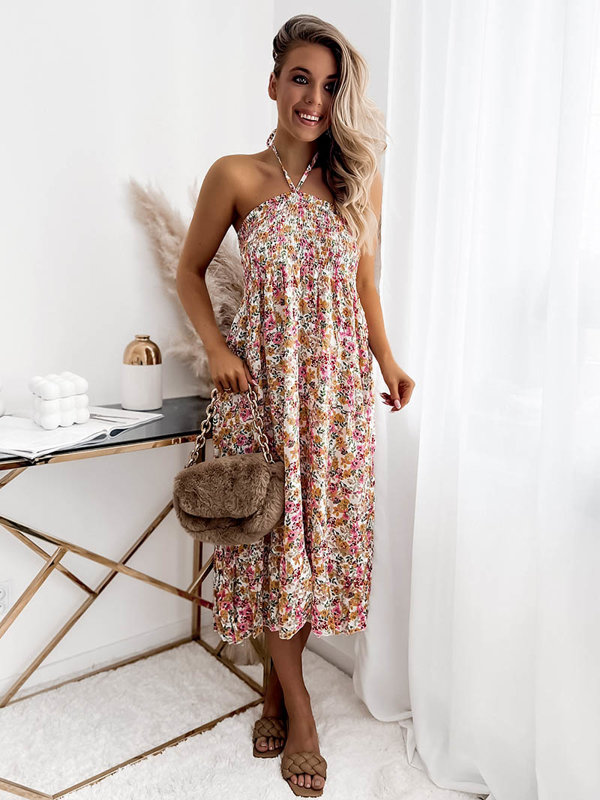 Fehér női midi ruha virágmintával PLUS SIZE - Ruházat