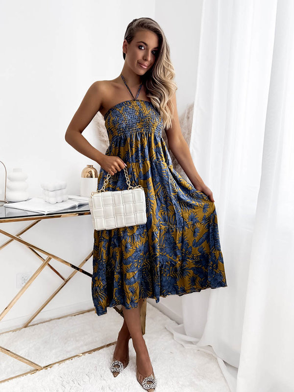 Mustárkék női midi ruha virágos motívummal PLUS SIZE - Ruházat