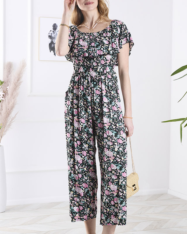 Fekete és rózsaszín hosszú, virágmintás női kezeslábas - Ruházat