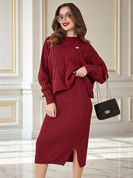 Royalfashion Akril fonott női szett pulóverrel és szoknyával Meleg és puha