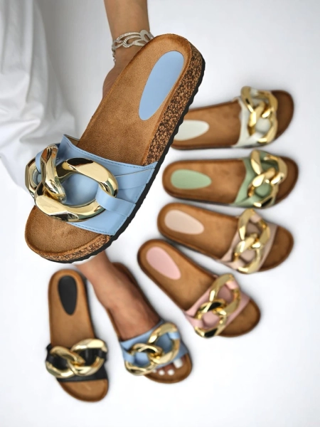 Callista Royalfashion női szandál lánccal – ekrü/kék, lapos sarok