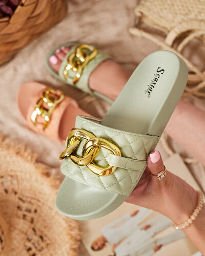 Női zöld steppelt papucs arany lánccal Eteris - Lábbeli