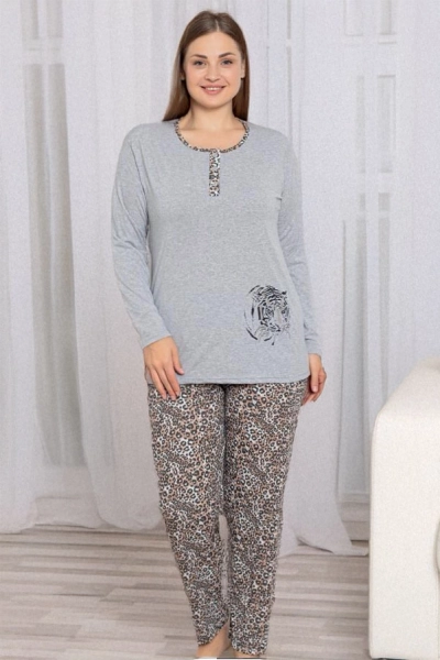 Royalfashion Szürke női 2 részes leopárdmintás pizsama PLUS SIZE