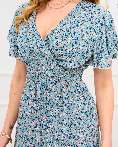 Zöld női virágos ruha borítékolt nyakkivágással - Ruházat