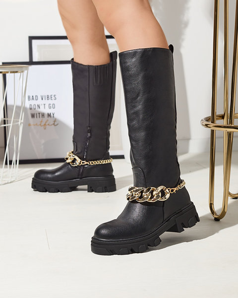 Női fekete csizma lánccal Sudzi- Cipő
