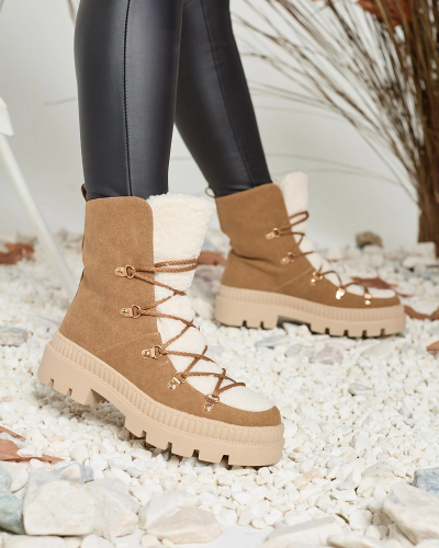 Royalfashion Női szigetelt trapperbakancs báránybőrrel, camel színben Lery Walk