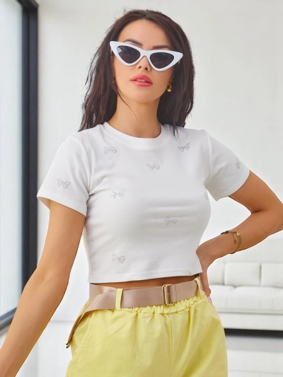 Royalfashion Női pamut crop top, masnis strasszokkal