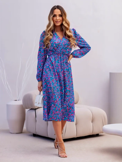 Royalfashion Női midi ruha apró virágokkal, átkötős nyakkivágással és hasítékkal