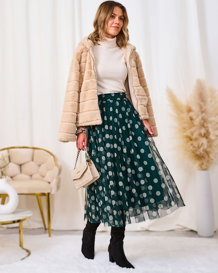 Royalfashion Sötétzöld női dupla rétegű borsó midi szoknya