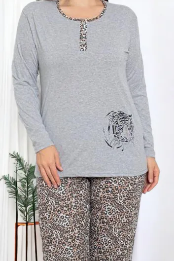 Royalfashion Szürke női 2 részes leopárdmintás pizsama PLUS SIZE
