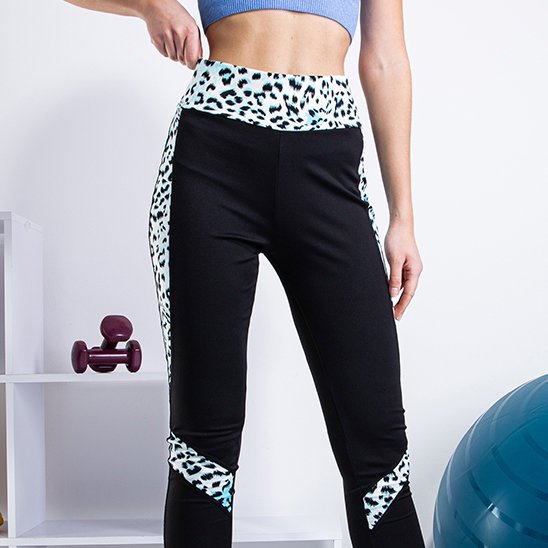 Fekete női nadrág kék leopárdmintás betétekkel - Ruházat