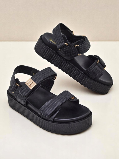 Royalfashion Ariadne platformos női szandál – fekete ökológiai bőr, tépőzár, nyár