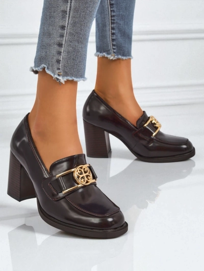 Persephone Nero női loafer magas sarkú öko bőr arany csat