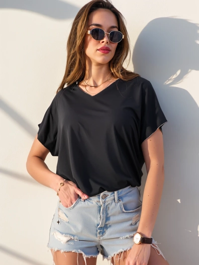 Royalfashion Viscose női blúz rövid ujjakkal és csillogó felülettel