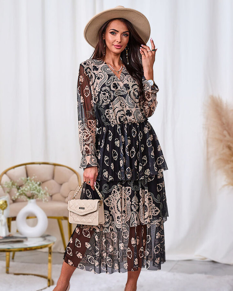 Royalfashion Fekete és bézs színű hálós midi ruha mintával