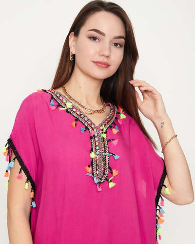 Női rózsaszín nyári strandtunika rojtokkal - Ruházat