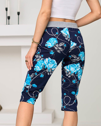 Sötétkék női 3/4 hosszúságú rövidnadrág kék virágokkal PLUSZ MÉRET - Ruházat