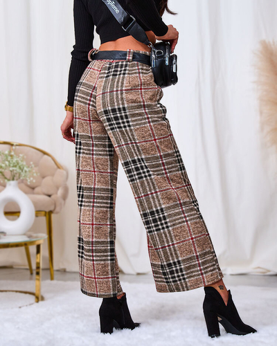 Royalfashion Bézs női széles kockás nadrág