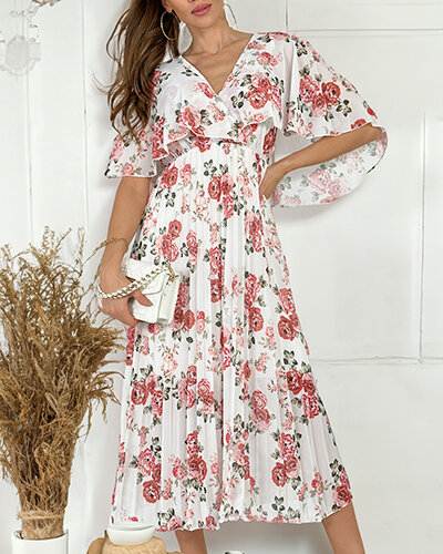 Royalfashion Női pliszírozott, virágos midi ruha