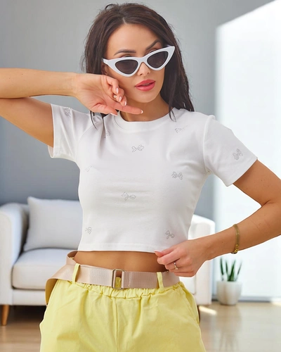 Royalfashion Női pamut crop top, masnis strasszokkal
