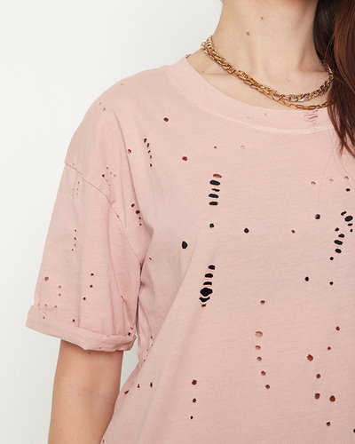 Pamut női póló díszlyukakkal pasztell rózsaszín színben - Ruházat