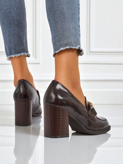 Persephone Nero női loafer magas sarkú öko bőr arany csat