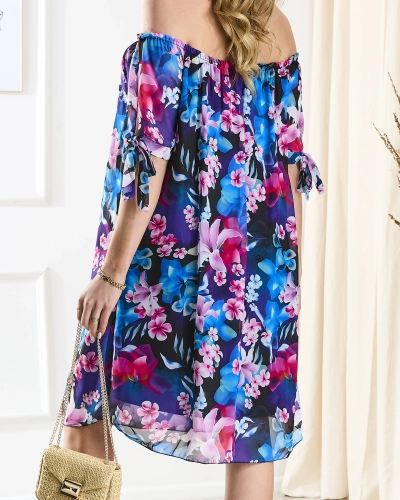 Tengerészkék női ruha a'la hiszpanka színes virágokkal - Ruházat