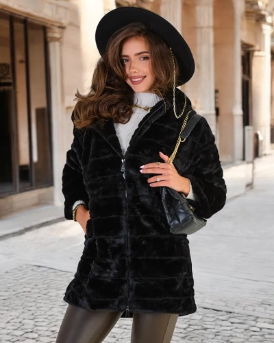 Royalfashion Fekete szőrme női kabát