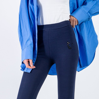 Női sötétkék leggings hímzett cicával - Ruházat
