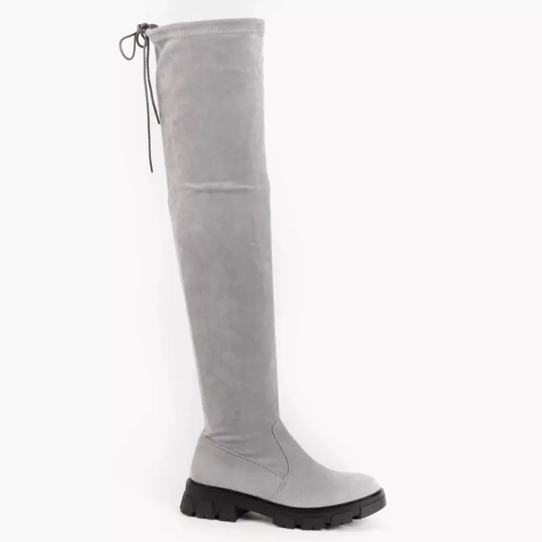 OUTLET Eco - velúr szürke csizma, lapos sarokkal a térd felett Engi- Cipő