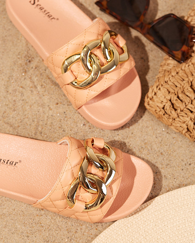 OUTLET Női korall steppelt papucs arany lánccal Eteris - Lábbeli