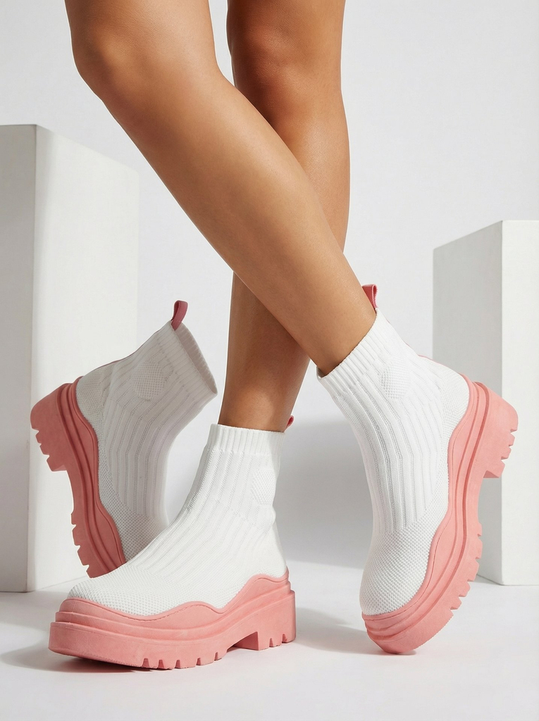 Női csizma vastagabb talpon fehér és rózsaszín Korlic-Shoes színben