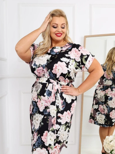 Royalfashion Női térdihosszú ruha rövid ujjal és rózsakötéssel