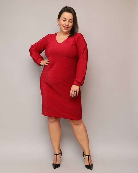 Royalfashion Csillogó női ruha térd előtt piros színben PLUS SIZE