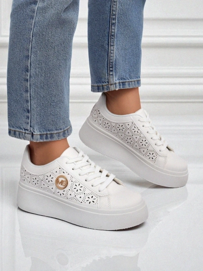 Damskie sneakersy Aelia Royalfashion na platformie białe ażurowe ecru