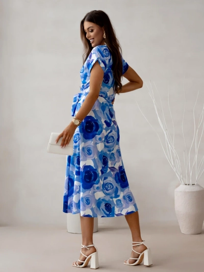 Royalfashion Női midi ruha rövid ujjakkal, virágmintás átkötős nyakkal