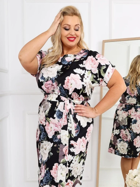 Royalfashion Női térdihosszú ruha rövid ujjal és rózsakötéssel