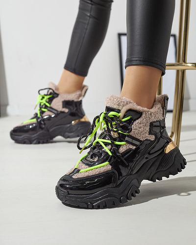 Fekete női sportcipő szőrmével és neonsárga fűzővel Adbo- Footwear