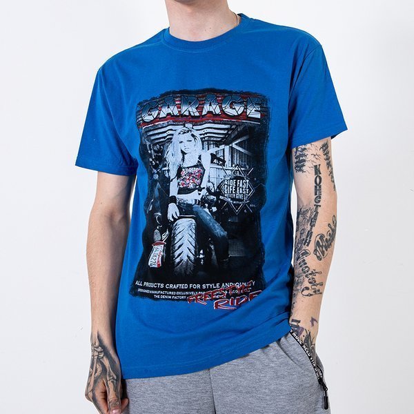 Férfi kobalt pamut póló, nyomtatással és felirattal - Ruházat