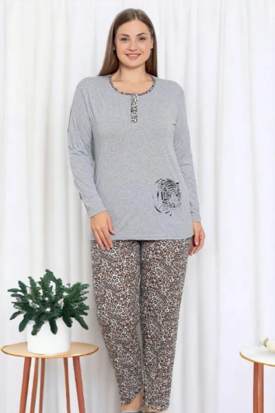 Royalfashion Szürke női 2 részes leopárdmintás pizsama PLUS SIZE