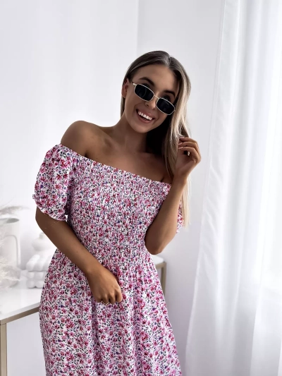 Fehér női midi ruha rózsaszín virágokkal - Ruházat