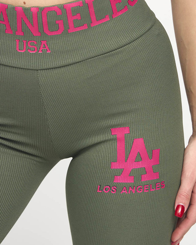 Női zöld bordás leggings rózsaszín felirattal - Ruházat
