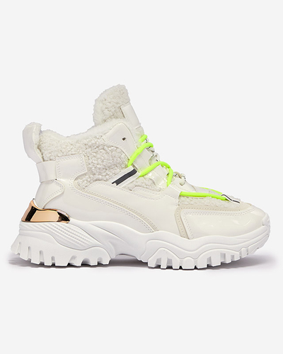 Fehér női sportcipő szőrmével és neonzöld fűzővel Sagglo- Footwear